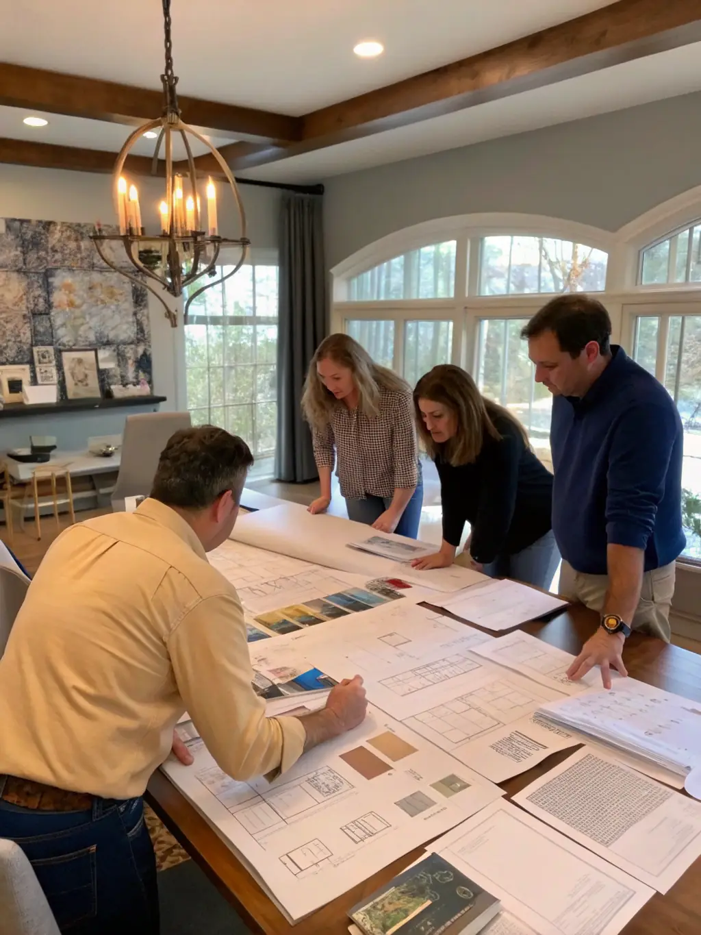 A project management team collaborating in a modern office, emphasizing end-to-end support for property investments, with blueprints visible.