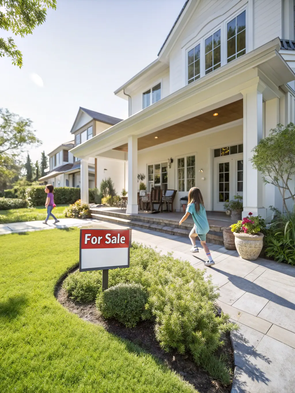 A modern, stylish house with a 'For Sale' sign, representing property sourcing services. The image should convey a sense of quality and potential investment opportunity.