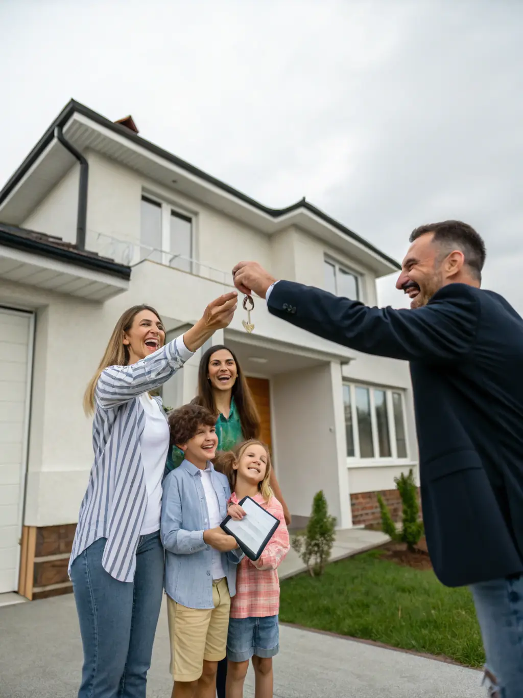 A family happily receiving keys to their new home, symbolizing a smooth and successful house buying experience.