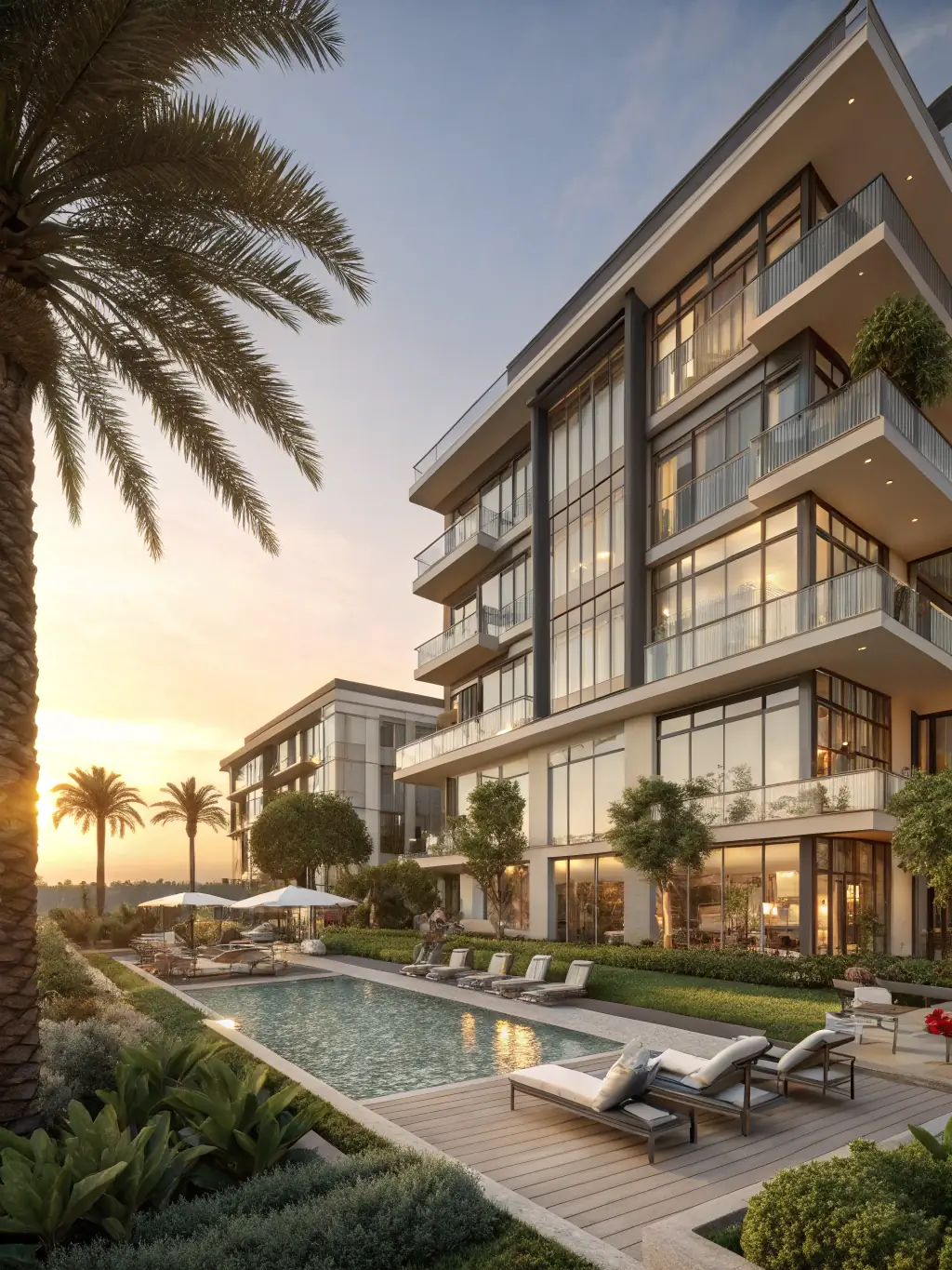 A luxury apartment complex at sunset, showcasing exclusive investment opportunities, with a focus on high returns.