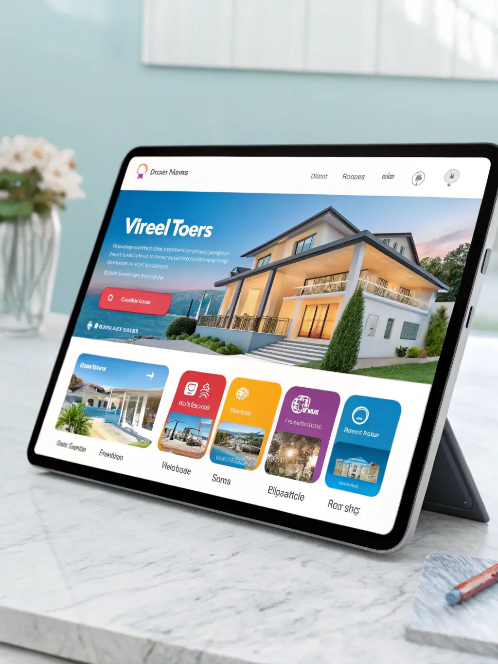 A diverse selection of properties displayed on a digital tablet, highlighting the property sourcing service, with a cityscape in the background.